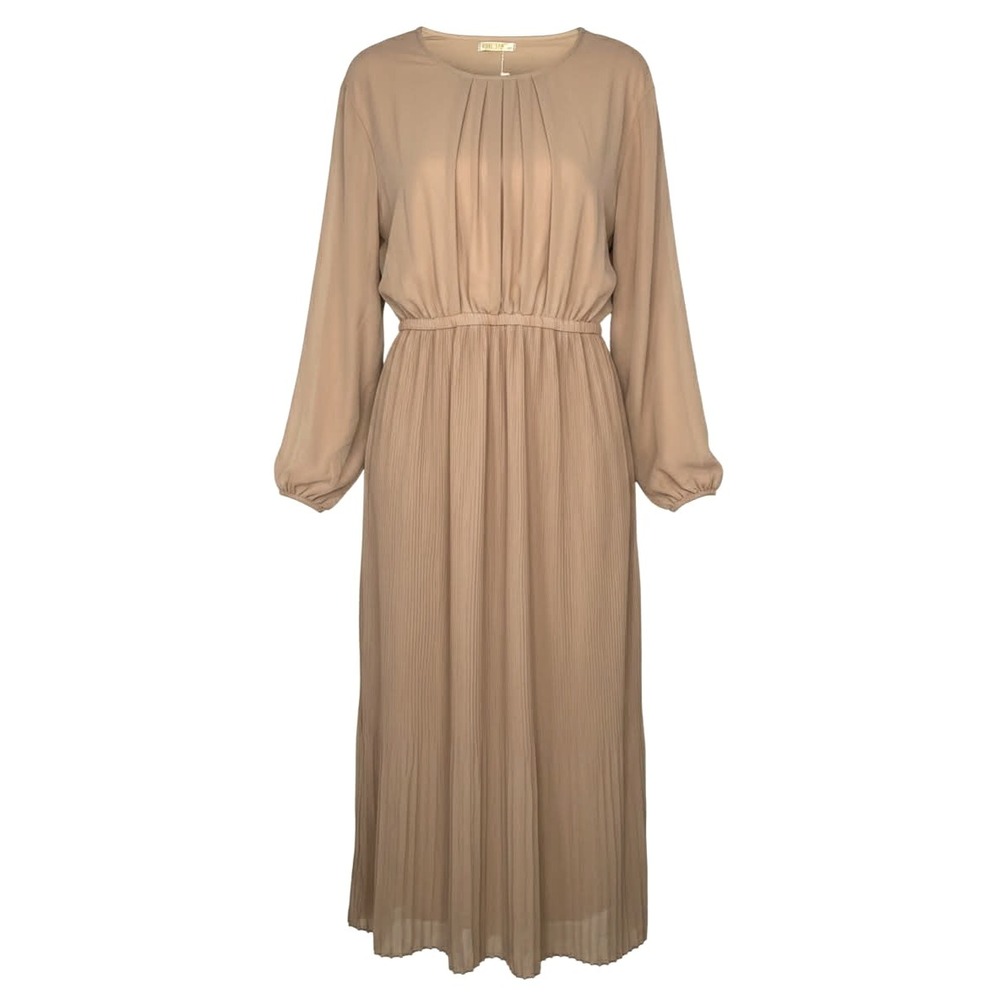 Melike Tekstil Long Sleeve Pleated Maxi Dress In Taupe Women's Size Large Turkey